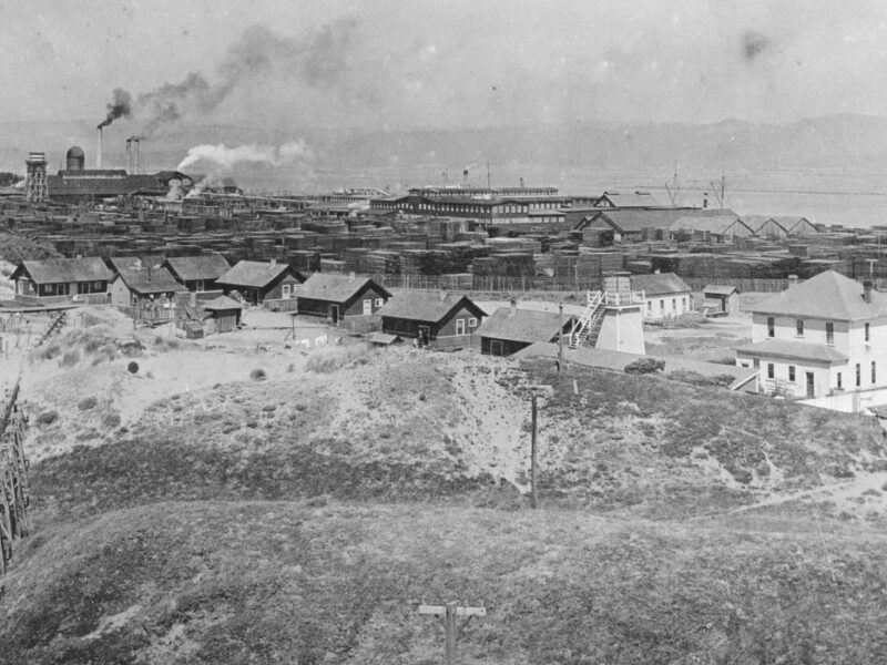 Black and white image of a historic lumber town with numerous wooden buildings and stacks of logs. Smoke rises from a distant factory. The landscape includes houses, dirt paths, and a visible shoreline with hills in the background.