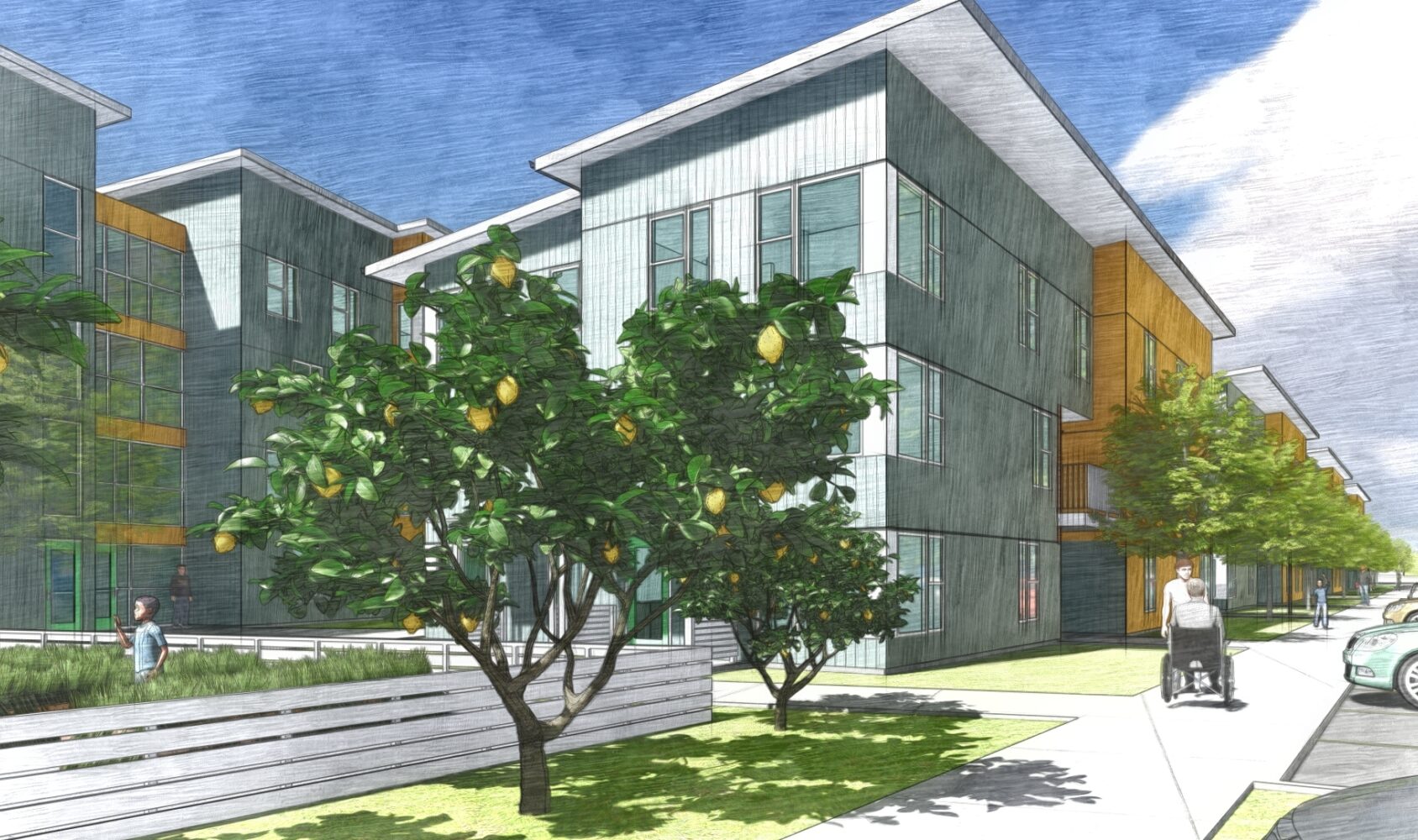A modern residential apartment building with large glass windows is surrounded by greenery, including fruit-bearing trees. A person pushes a stroller on the sidewalk. The sky is partly cloudy.