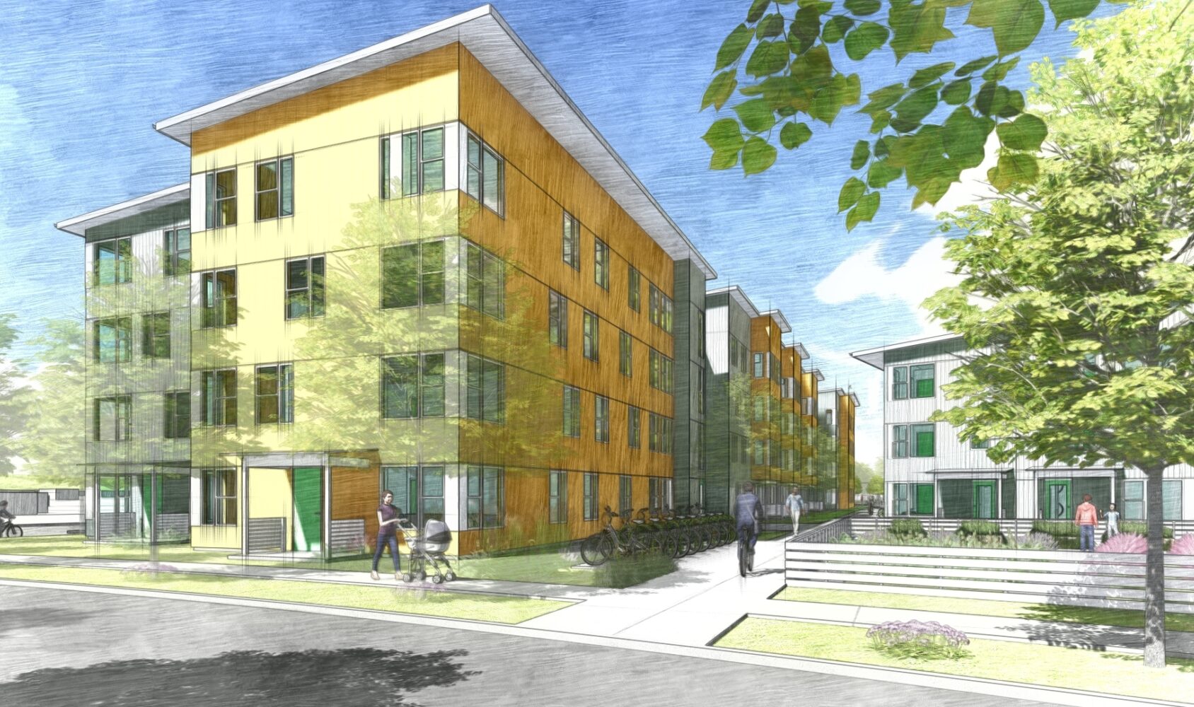 Architectural rendering of a modern residential complex with yellow and gray buildings. The scene includes trees, people walking, and a sunny sky, creating a lively and vibrant neighborhood atmosphere.