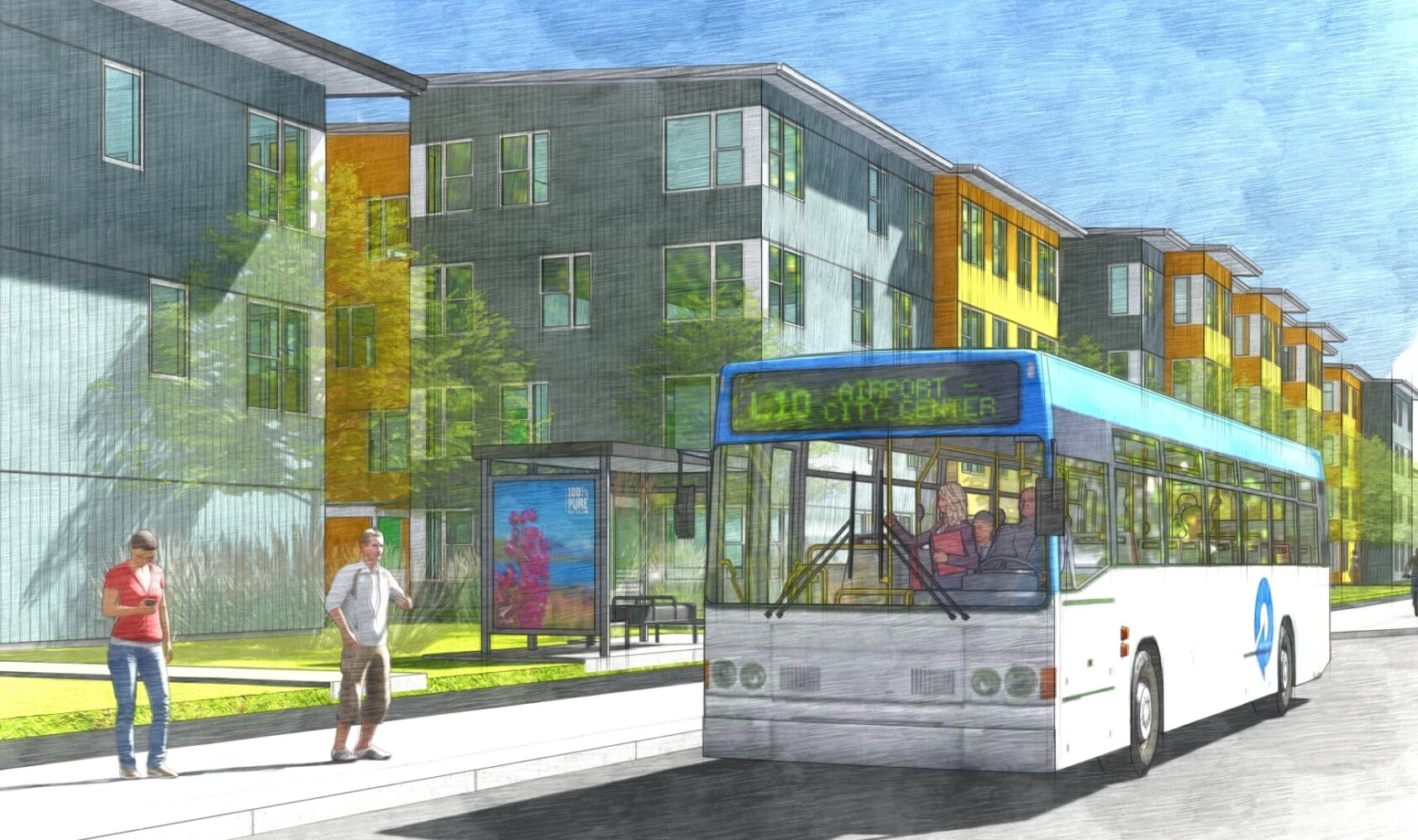 A city bus with a City Center sign approaches a stop in an urban area. Two people stand by a colorful bus shelter with modern multi-story buildings in the background. The sky is blue and sunny, casting soft shadows.