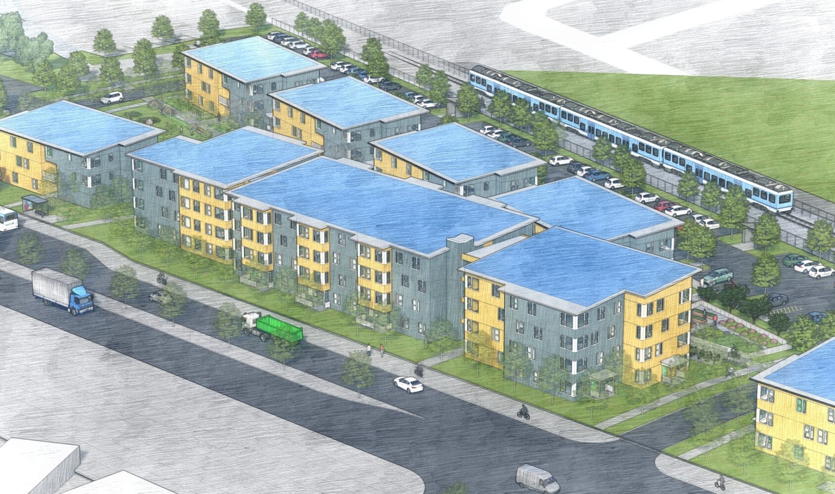 Aerial view of modern housing complex with multiple apartment buildings, surrounded by roads and greenery. A train is visible on tracks nearby. The buildings feature blue and yellow facades, and parking spaces are filled with cars.