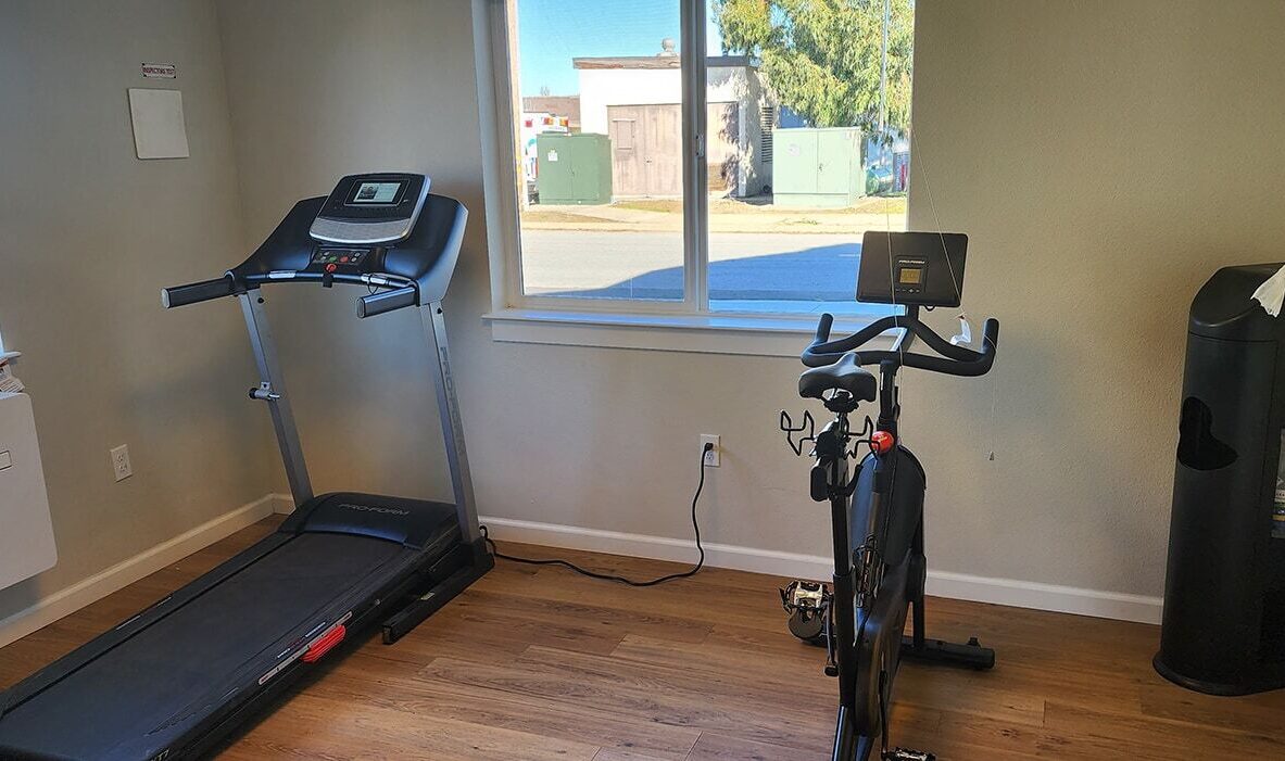 A small gym room with a treadmill and a stationary bike positioned near a window. The room has wooden flooring and a trash can next to the bike. Sunlight is streaming in through the window.