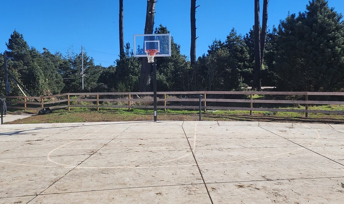 A sunny outdoor basketball court with a clear backboard and hoop. The area is surrounded by tall trees and a wooden fence. A house with a white porch is visible to the left.