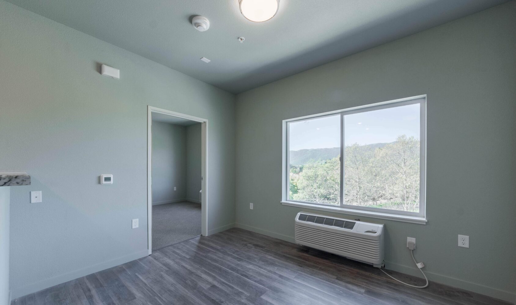 A minimalist room features gray walls and wood flooring, with a bright window showing outdoor greenery. Theres a door to an adjacent room, a wall-mounted AC unit, and a ceiling light fixture.