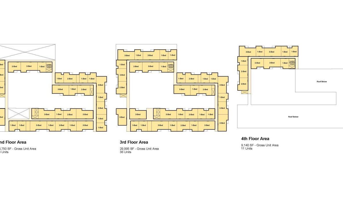 Floor plan layout showing the second, third, and fourth floors of a building. The second and third floors have 30 units each, while the fourth floor has 11 units. Each units dimensions are marked, along with balcony and hallway areas.