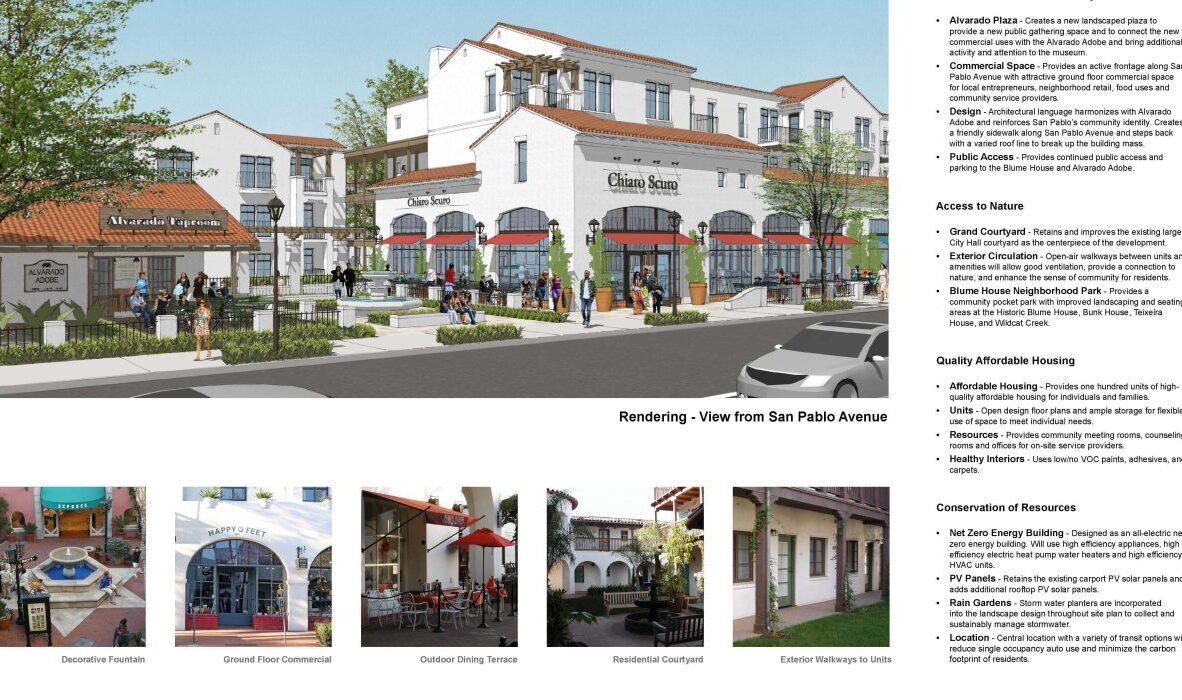 Architectural rendering of a mixed-use plaza with shops and pedestrian pathways. Images below show details: decorative fountain, ground floor commercial area, outdoor dining terrace, residential courtyard, and exterior stairway to offices.