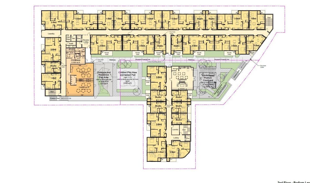 A detailed architectural floor plan of an apartment building, showing various rooms, corridors, and communal spaces. The layout includes residential units and shared amenities, designed with precise measurements and annotations.