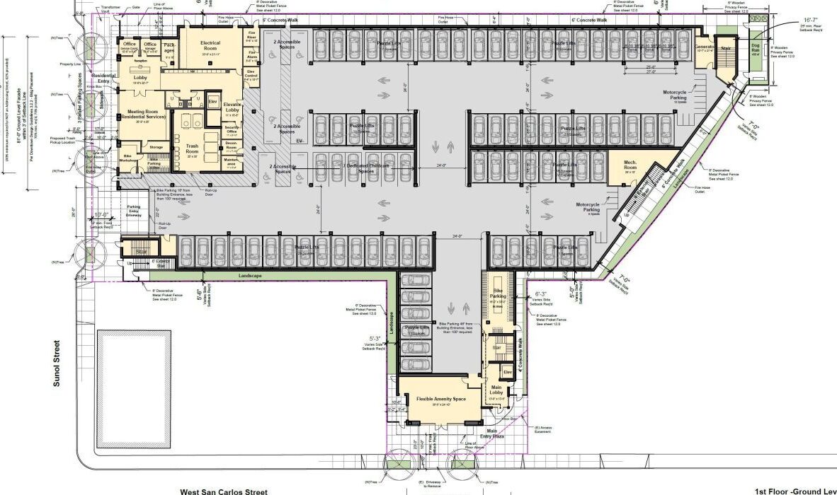 Blueprint of a buildings ground floor layout with parking spaces, entry points, and labeled rooms. The plan includes detailed measurements and annotations for various sections, with arrows indicating directions and access routes.