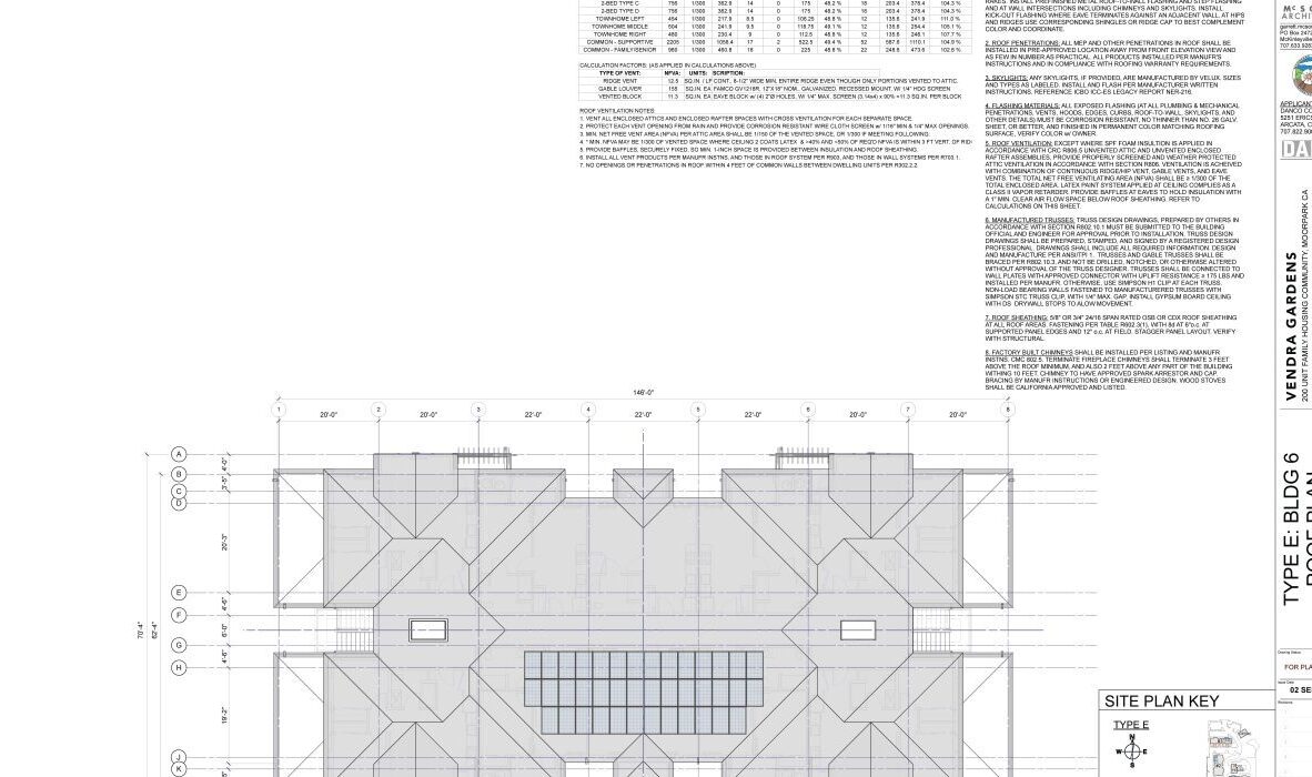 Architectural roof plan for Type E Bldg 6 with detailed schematics, measurements, and text annotations. It includes a site plan key and design information at the top.