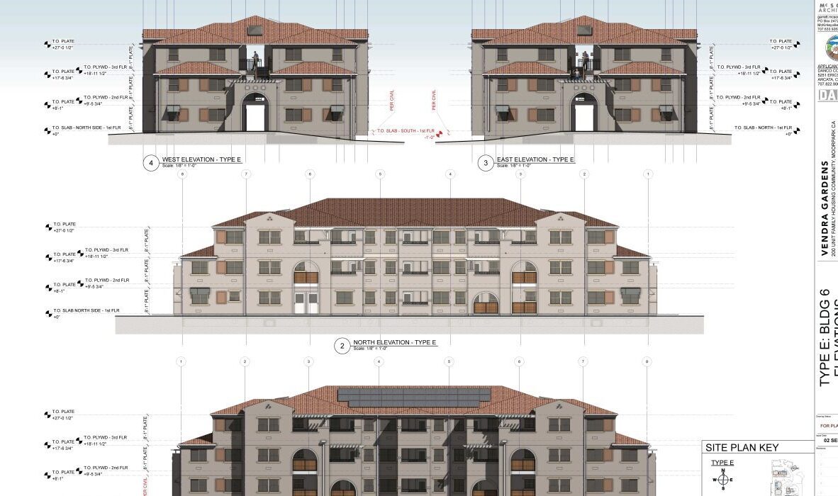 Architectural drawings of a multi-story building with front, side, and rear elevations. The design includes windows, balconies, and roofing details. A site plan key and labels are visible.
