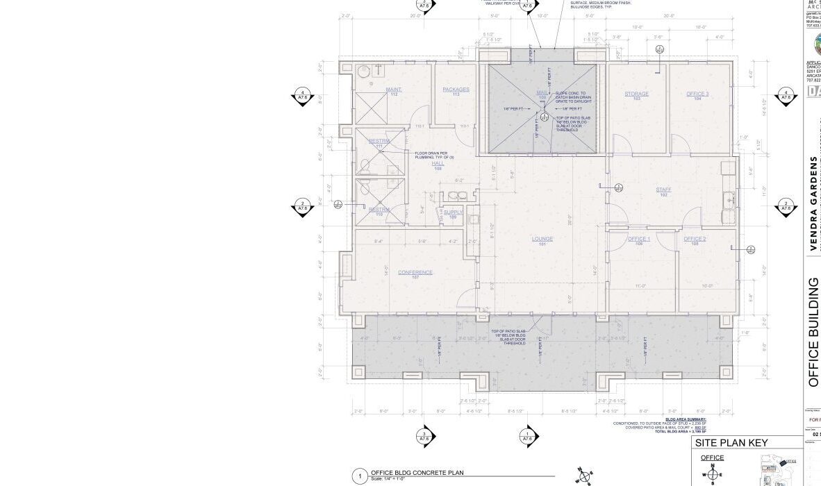 Blueprint of an office building concrete plan, showing layout with various rooms, dimensions, and architectural symbols. A site plan key is on the bottom right, and the plan includes notes and measurements.