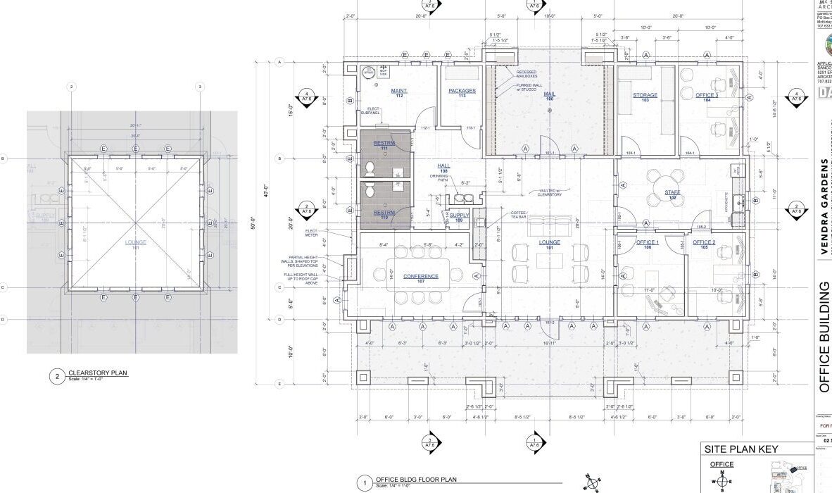 Architectural floor plan of an office building showing a detailed layout of rooms, furniture, and fixtures. The plan includes measurements, labels for different areas, and a site plan key.