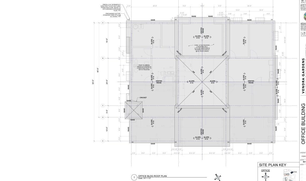 Blueprint of an office building roof plan, showing measurements, layout, and details of structural elements. The design includes notes, grid lines, and a site plan key, labeled as Venga Gardens. Technical information is present along the sides.
