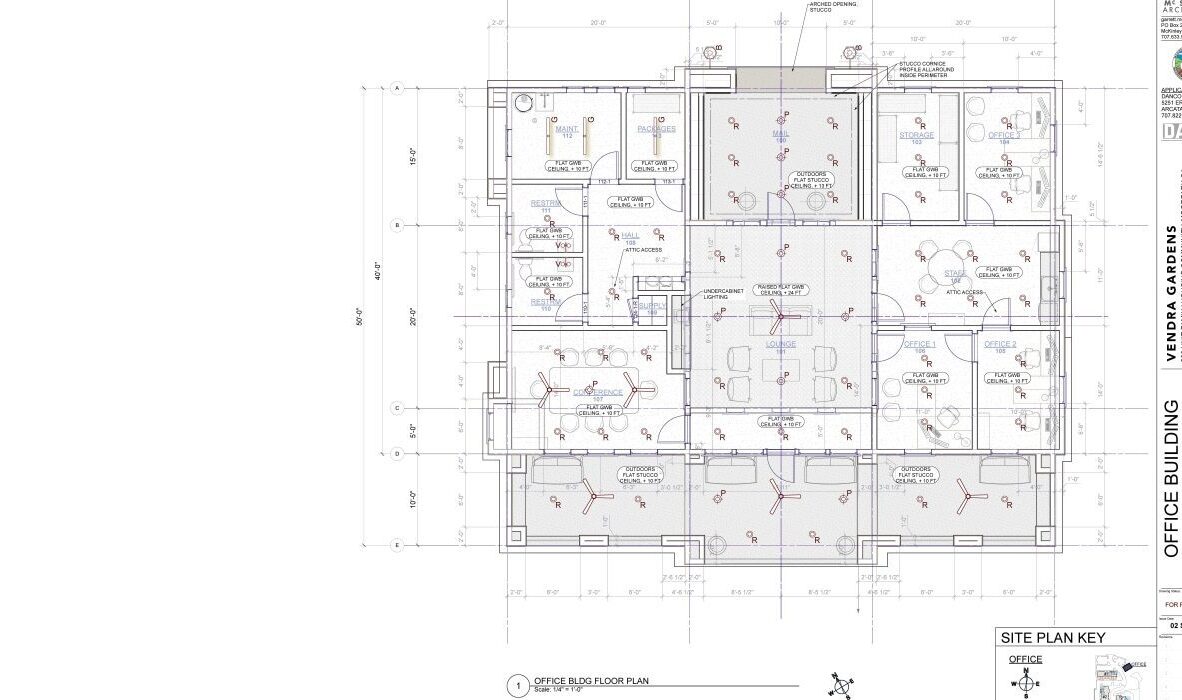 Architectural blueprint of an office buildings reflective ceiling plan. The plan includes various room layouts, measurements, and symbols for fixtures. The design is labeled with specific details and a site plan key is present at the bottom.