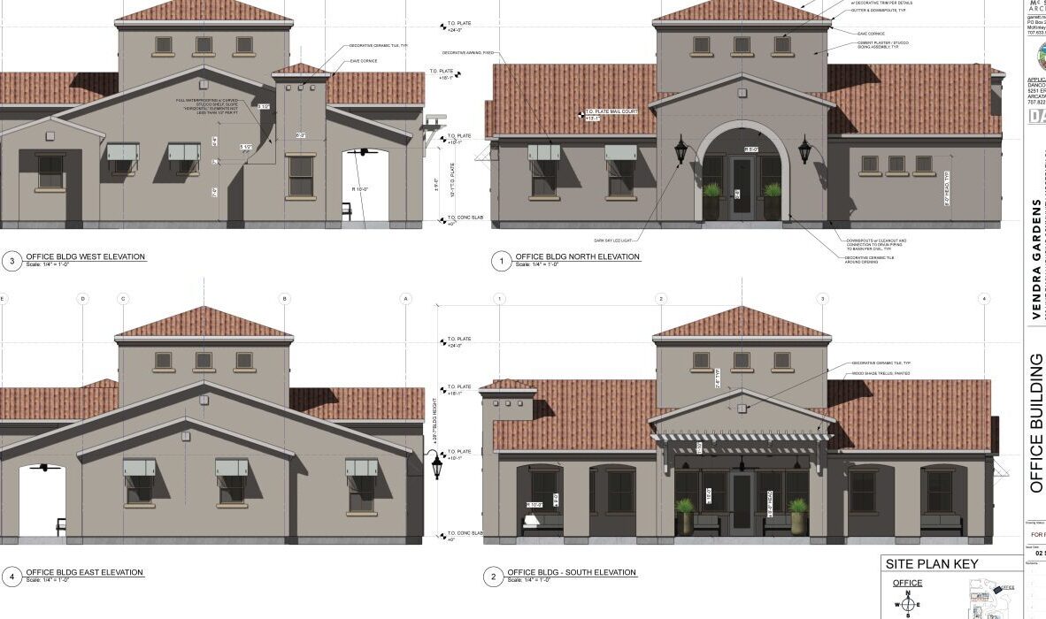 Architectural design of an office building with four elevation views. The structure features red-tiled roofs, arches, and a combination of large and small windows. The layout includes annotations and a site plan key in the lower right corner.
