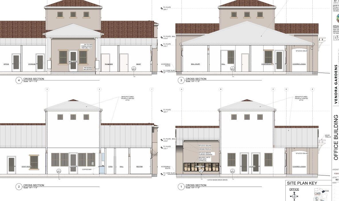 Architectural drawing of an office building with multiple cross-sectional views. The design includes a two-story structure with windows, doors, and detailed elevations. Labels indicate orientation and features like roofs and entrances.