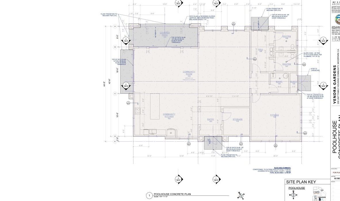 Architectural blueprint labeled Poolhouse Concrete Plan showing detailed measurements, symbols, and notes for the construction layout, created by Wunder Grassman Architects. A site plan key is included in the bottom right corner.