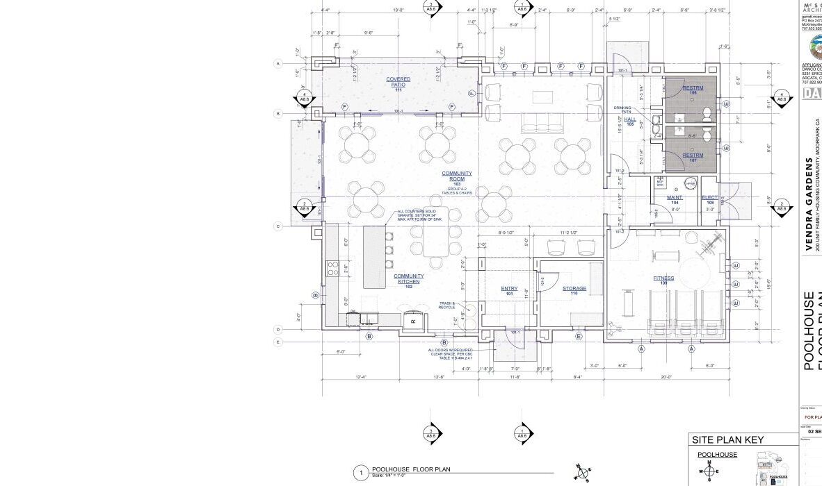 Blueprint of a pool house floor plan showing various rooms and areas. Includes labeled sections for showers, toilets, and a kitchenette. Architectural details and measurements are visible, along with a site plan key at the bottom right.