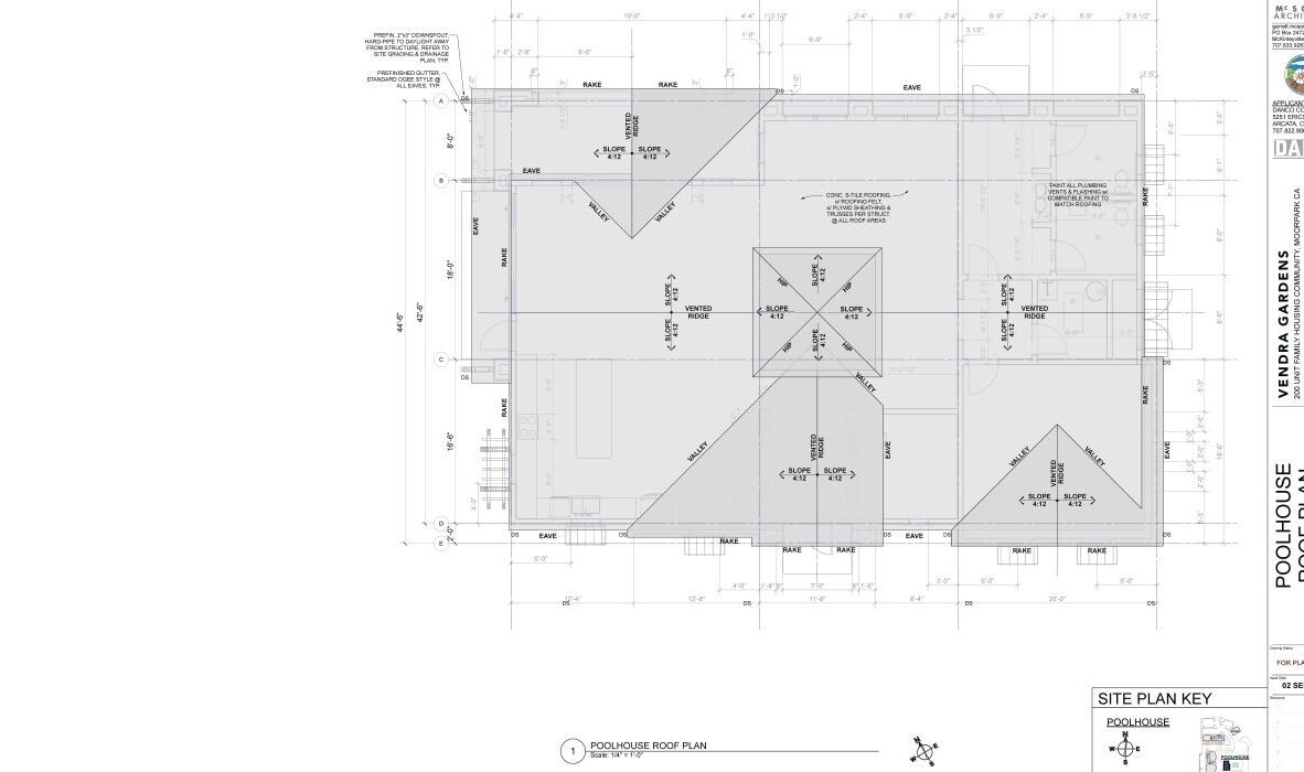 Architectural drawing of a pool house roof plan, showing measurements, roof structure, and layout details. Includes site plan key and several notes by the architect.