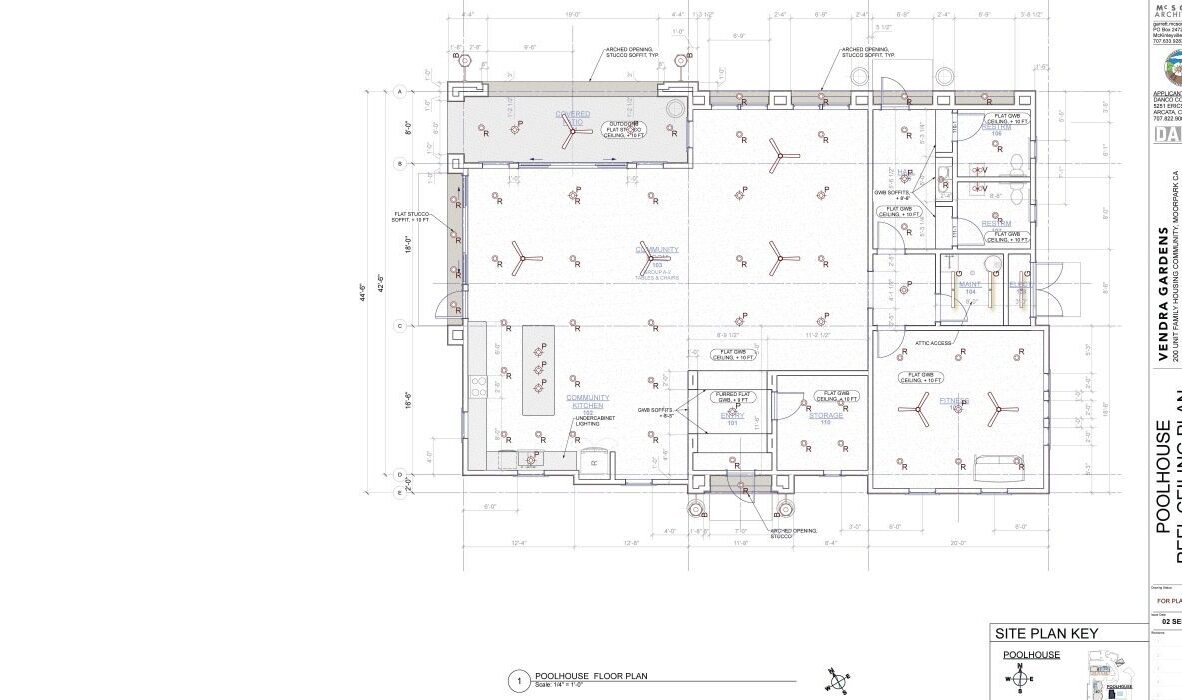Architectural blueprint of a poolhouse reflected ceiling plan, showing layout with measurements and symbols for lighting and fixtures. Includes a site plan key and design details from Wendorf and Gross at the bottom right.