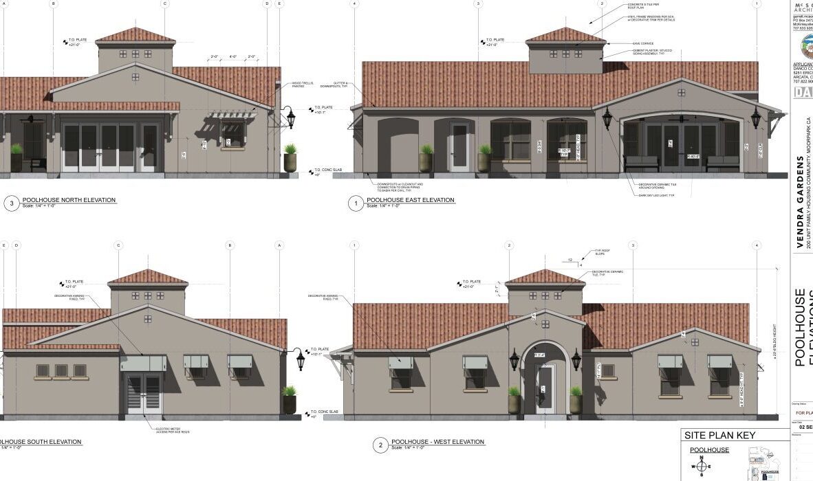 Architectural blueprint of a pool house showing north, east, south, and west elevations. The building has a tiled roof, multiple windows, and entryways. Design elements and site plan key are labeled.