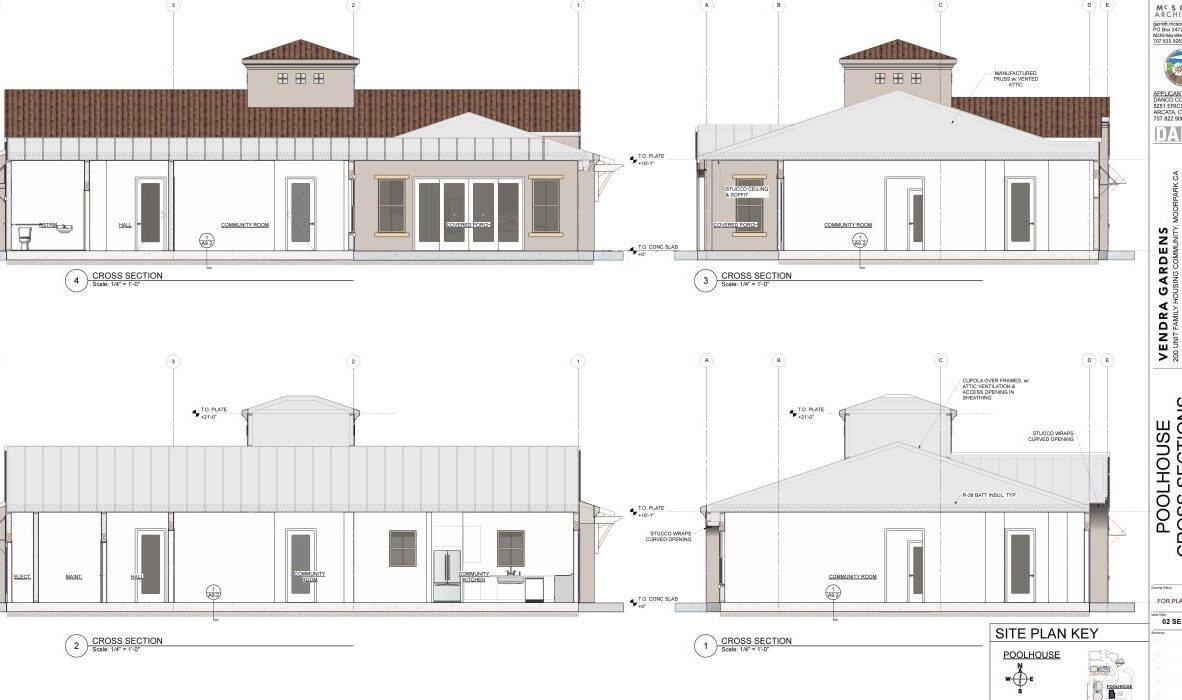 Architectural blueprint showing four elevation views of a pool house, featuring labeled cross-sections. The design includes a gable roof, windows, doors, and detailed dimensions.