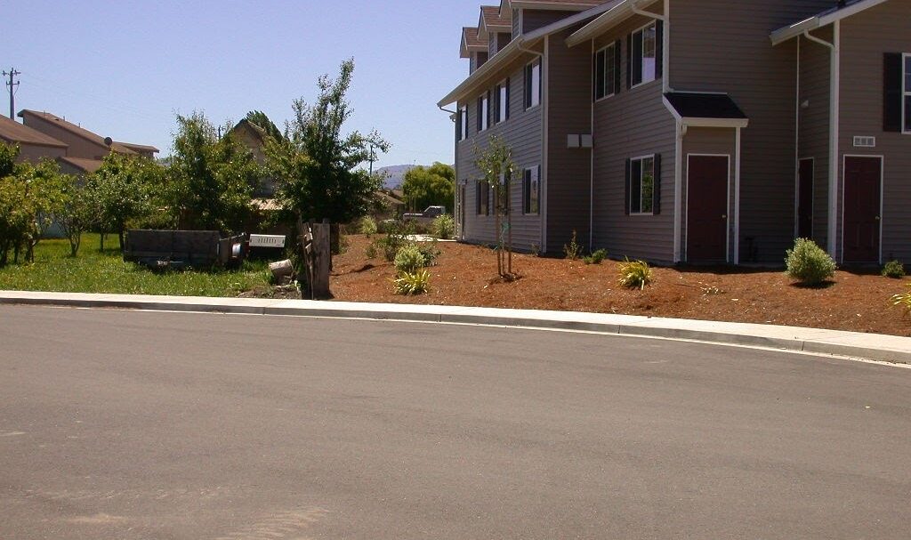 A suburban cul-de-sac features a two-story gray house with dark shutters and a red door. The front yard is newly landscaped with fresh mulch and young plants. The sky is clear and sunny, and a few trees and shrubs are visible nearby.
