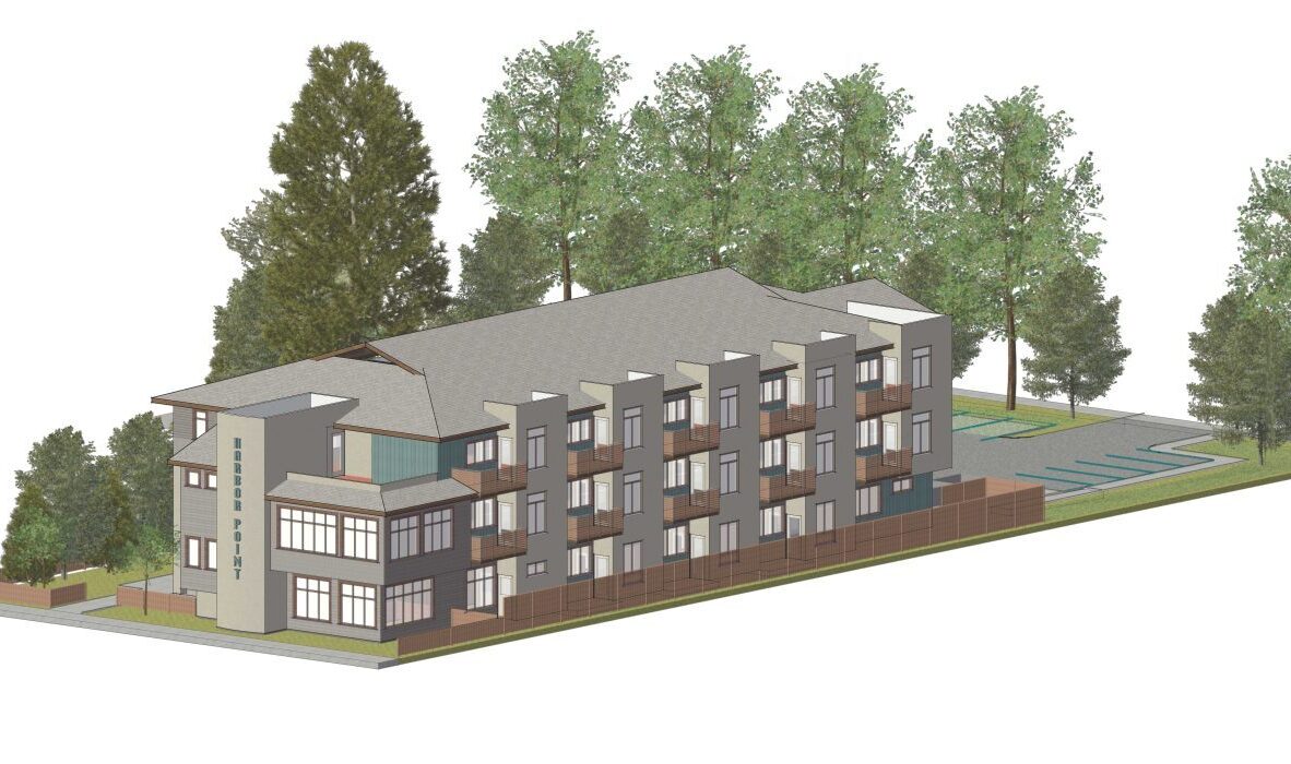 Architectural rendering of a three-story modern apartment building surrounded by trees. The design features balconies, a gray facade, and a swimming pool area on one side.