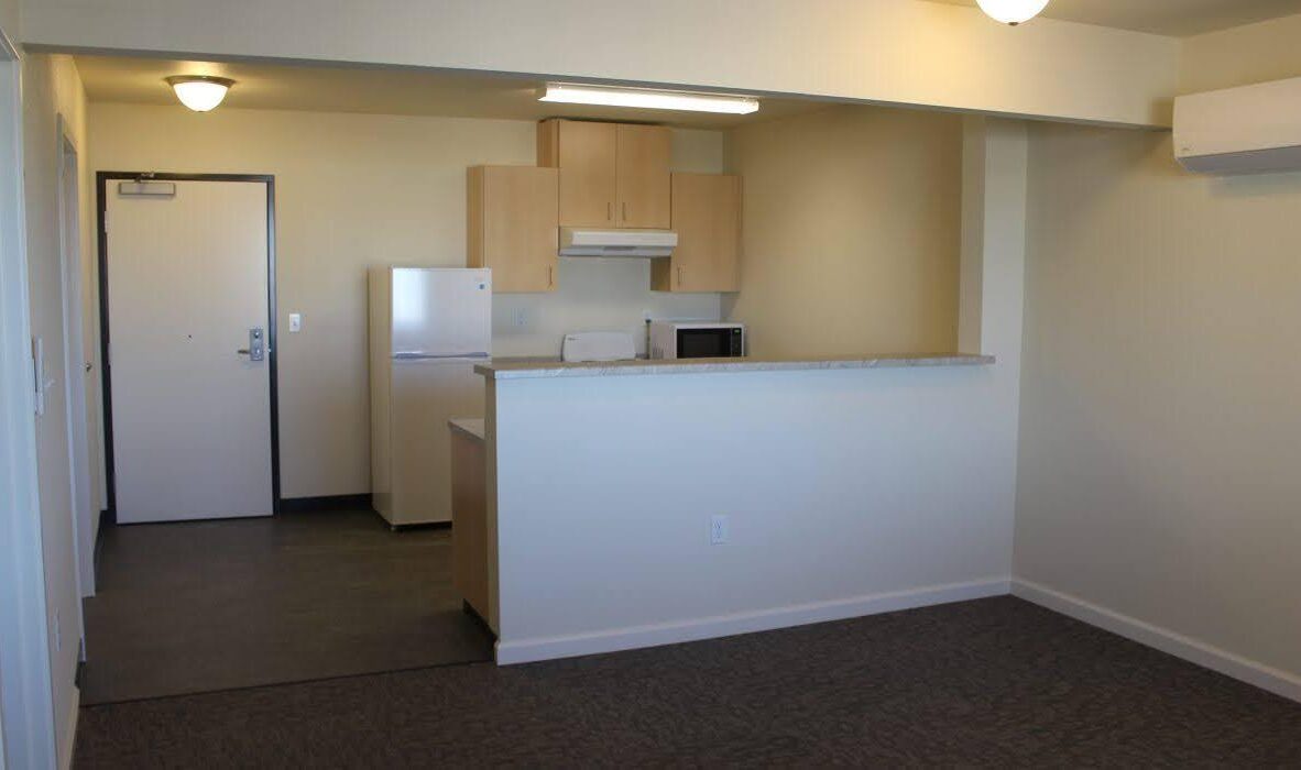 A small, unfurnished apartment with a view of the kitchen area. It features light-colored cabinets, a refrigerator, microwave, and stove. The room has beige walls, dark flooring in the kitchen, and carpet in the living area. An air conditioner is visible.