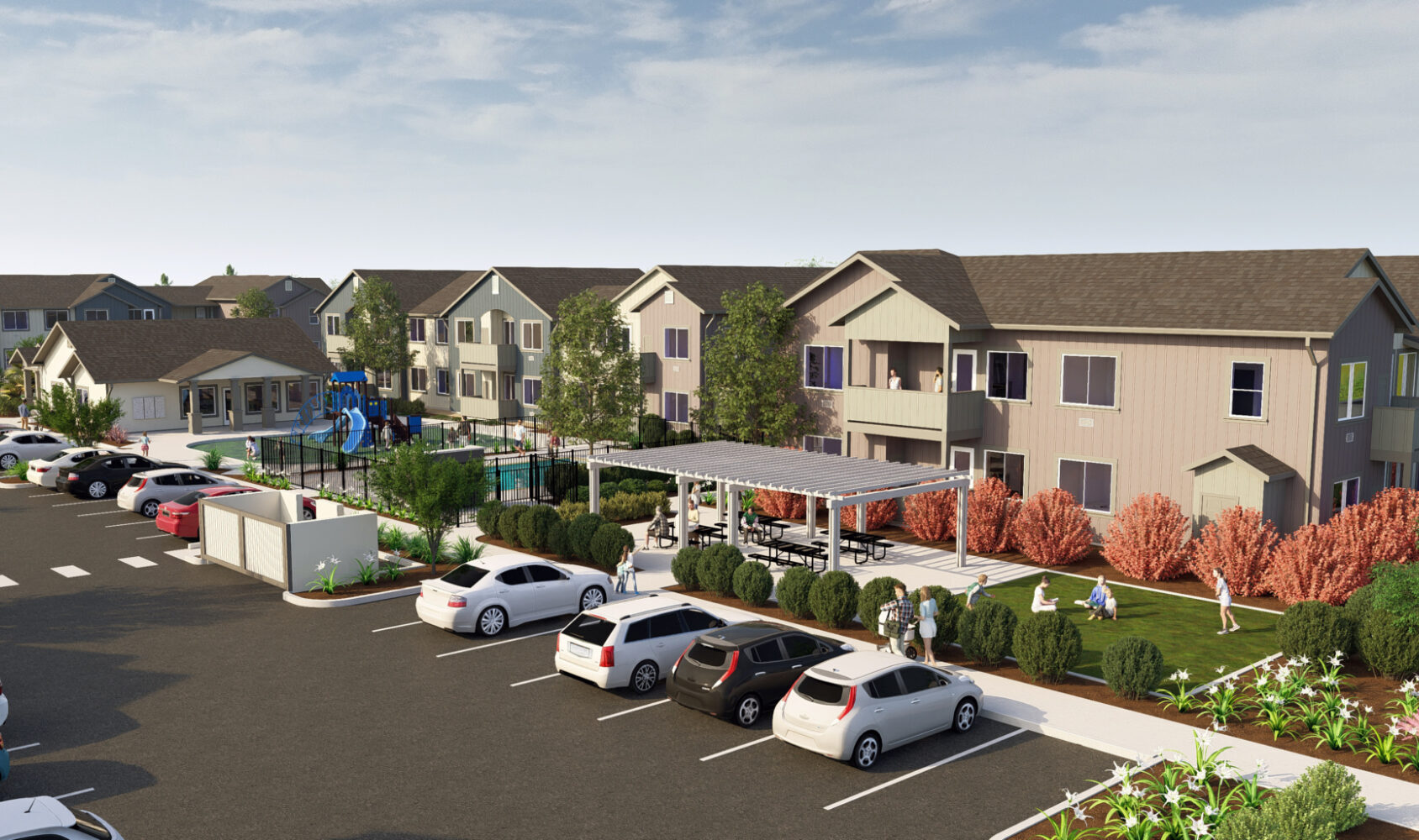 A suburban apartment complex with multiple two-story buildings, a playground, a swimming pool, and parked cars. Landscaping includes trees, shrubs, and a small lawn, under a clear sky.