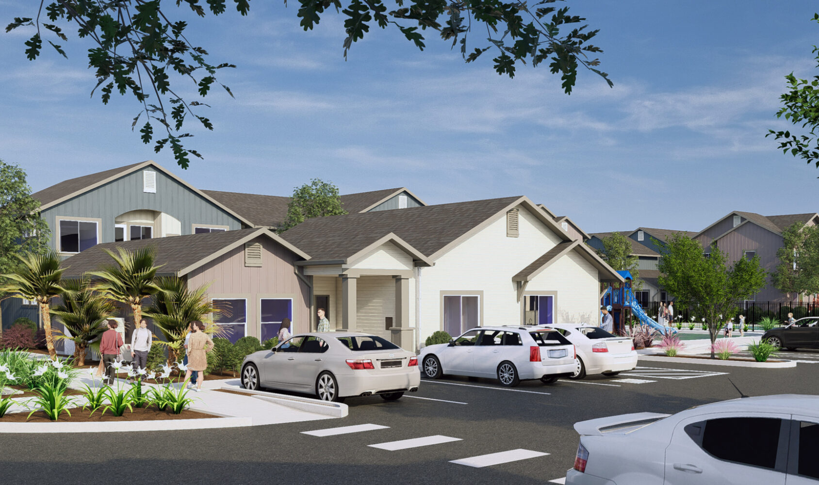 A suburban neighborhood with modern two-story homes, several cars parked in front, and people walking on the sidewalk. The scene is set on a sunny day with clear blue skies and trees lining the street.