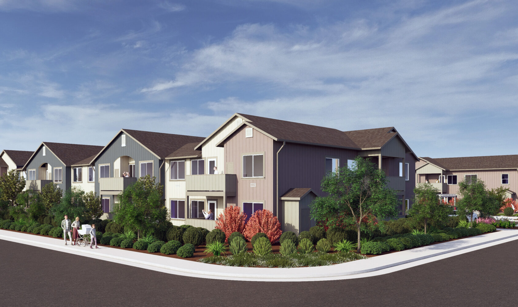 A residential neighborhood with modern, two-story houses. The homes have sloped roofs and are surrounded by neatly landscaped gardens with various shrubs and trees. A few people are walking on the sidewalk in the foreground under a clear blue sky.