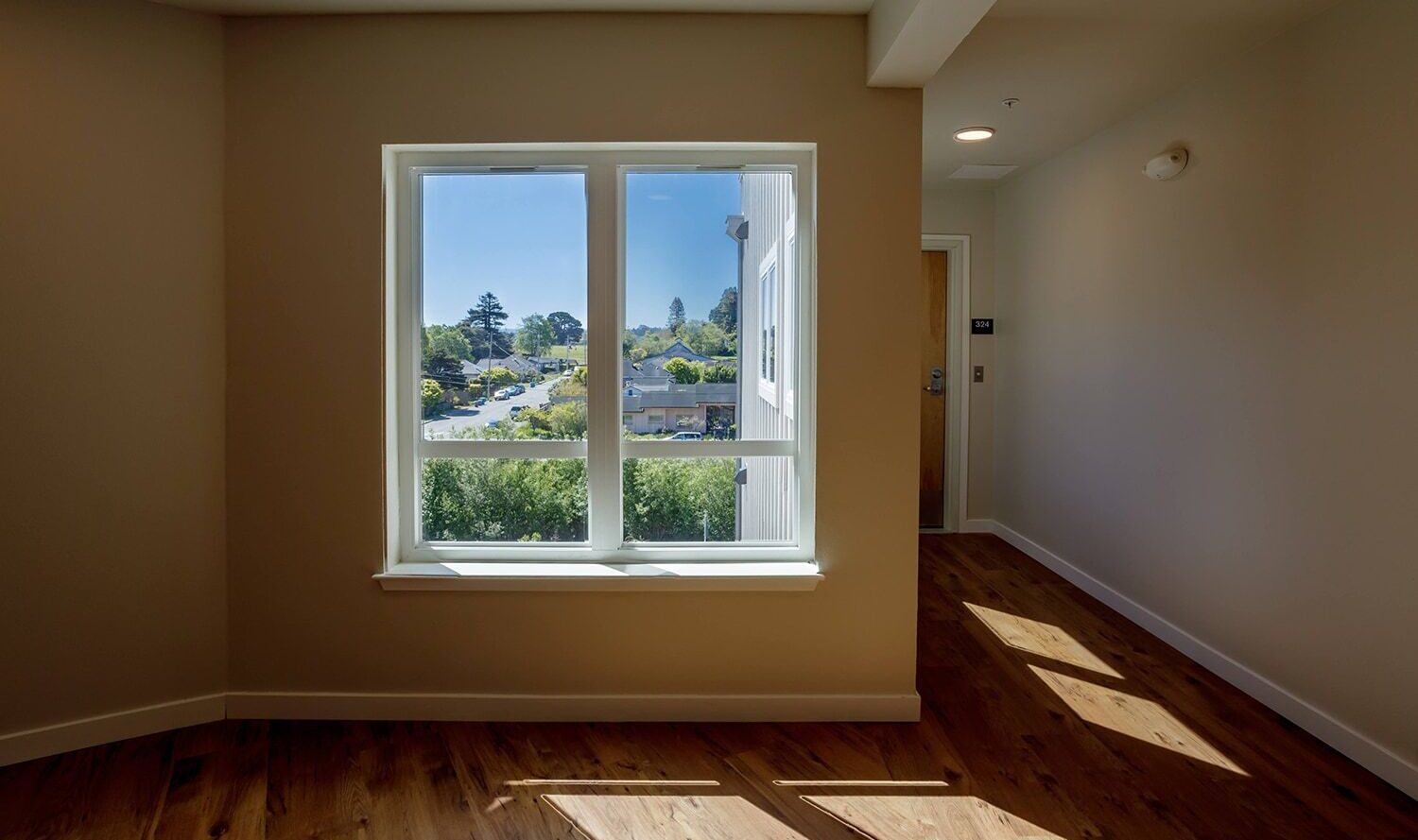 A bright, empty room with a large window on one wall, allowing natural light to stream in. The hardwood floor reflects the sunlight. Outside the window, greenery and a partially visible road are seen.