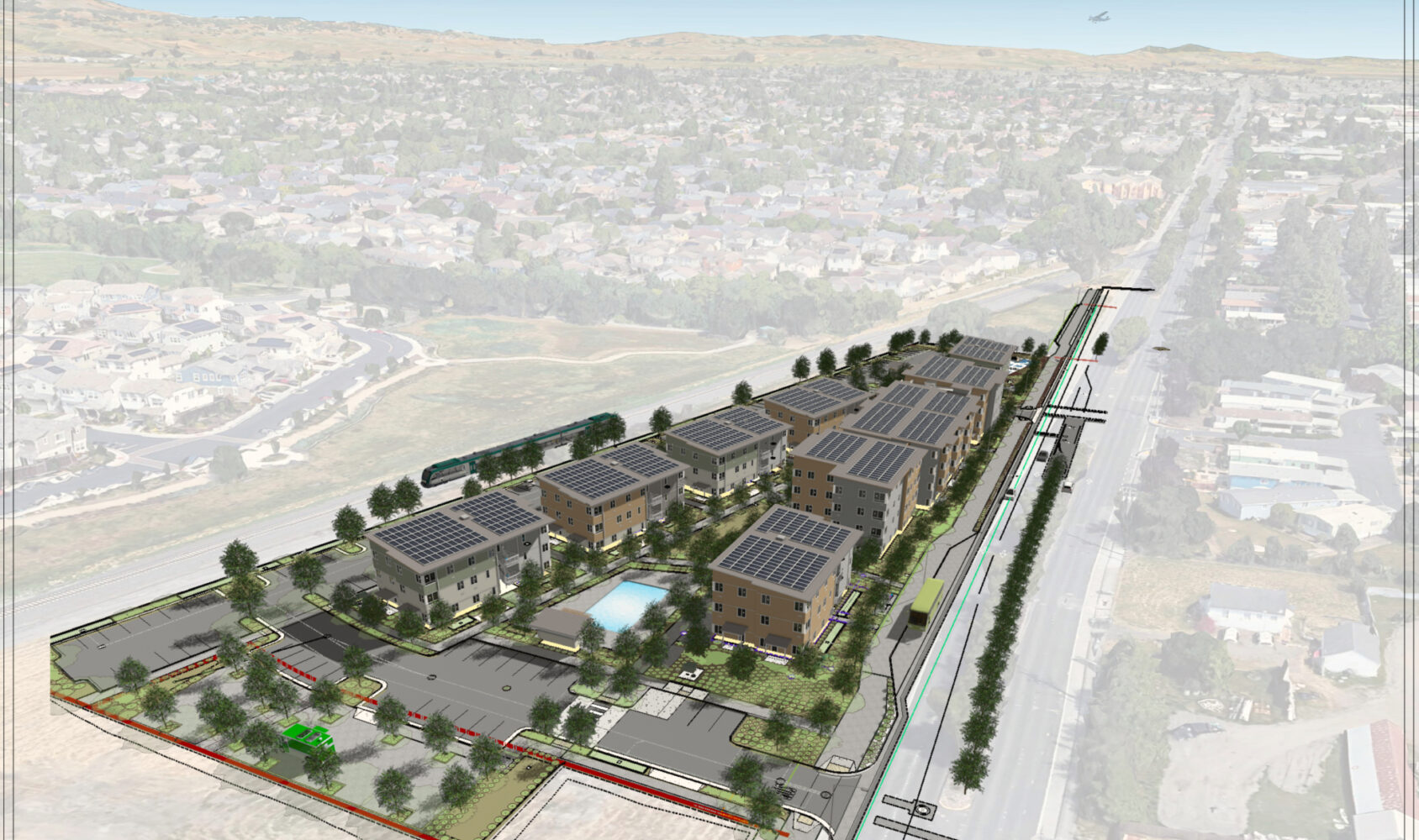 Aerial rendering of a residential development named The Meridian at Petaluma North. It features multiple buildings with solar panels, a central pool, and landscaped areas amidst a suburban landscape. Roads are visible along the perimeter.