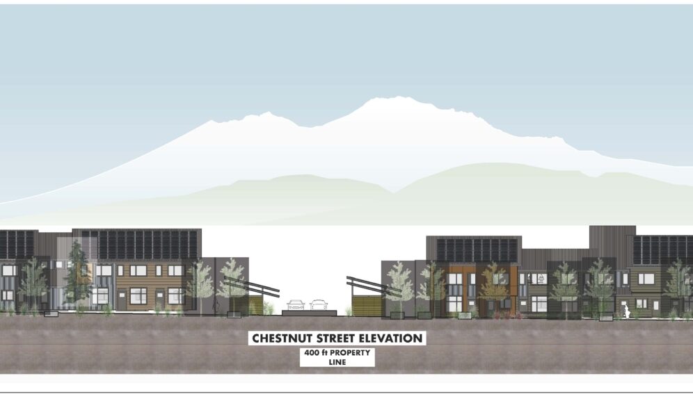 Illustration of a residential development with multiple modern buildings in front of a mountainous backdrop. Trees are scattered throughout the scene, and the image includes labeled streets and property lines.