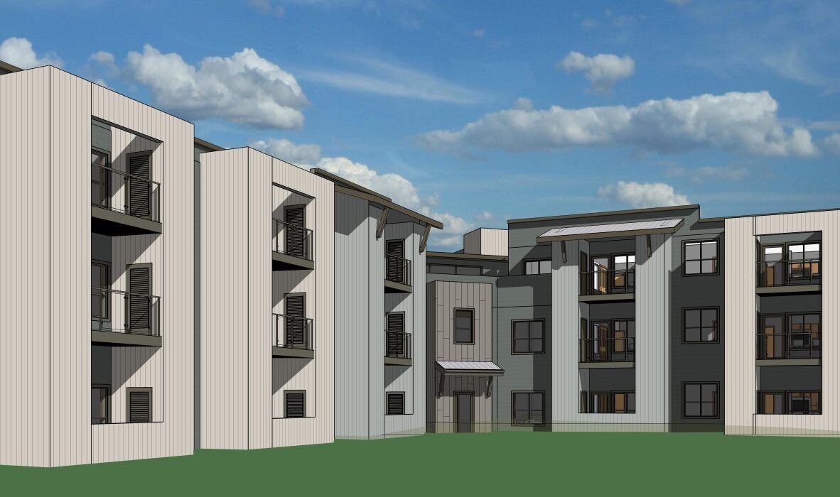 Architectural rendering of a modern, multi-story building with light gray and dark gray panels. It features multiple windows and balconies. The background shows a blue sky with scattered clouds.
