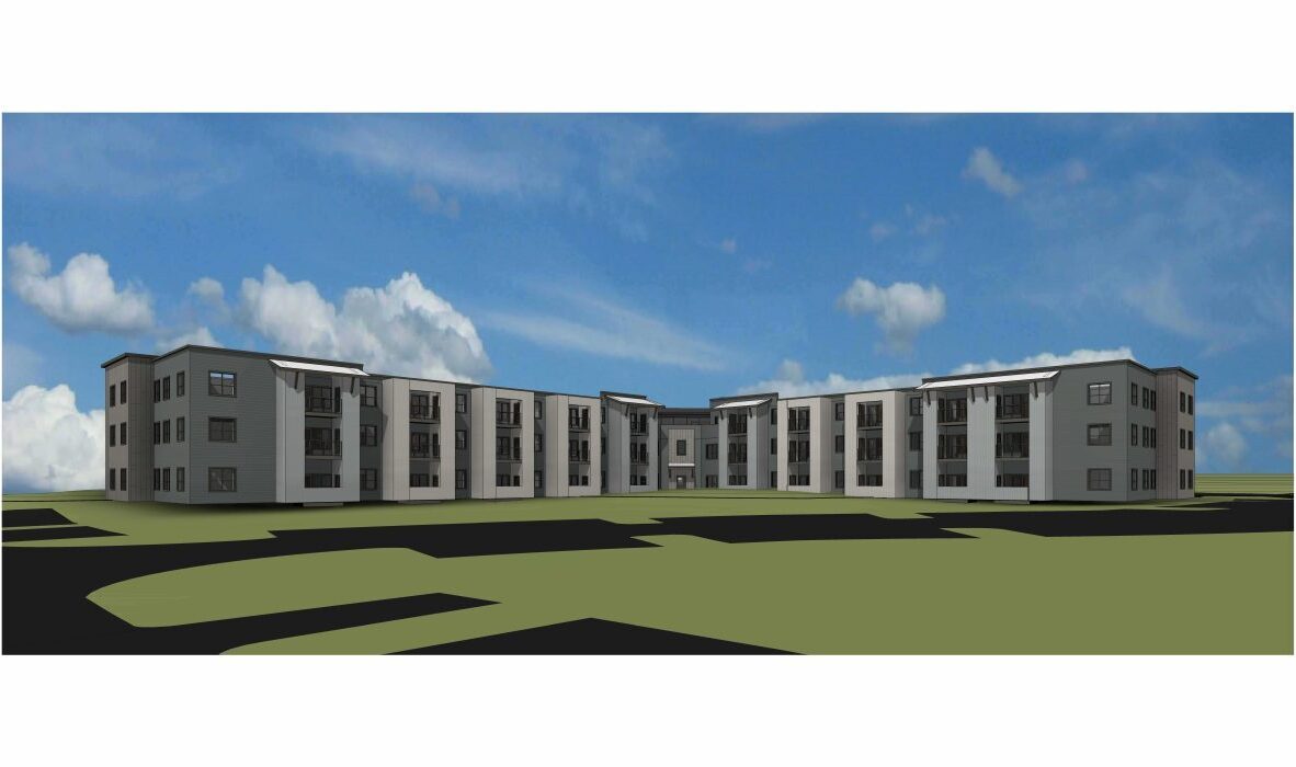 A digital rendering of a modern three-story apartment complex with a gray exterior. The building is U-shaped and set against a blue sky with scattered clouds. The foreground shows a green expanse with black paths or roads.