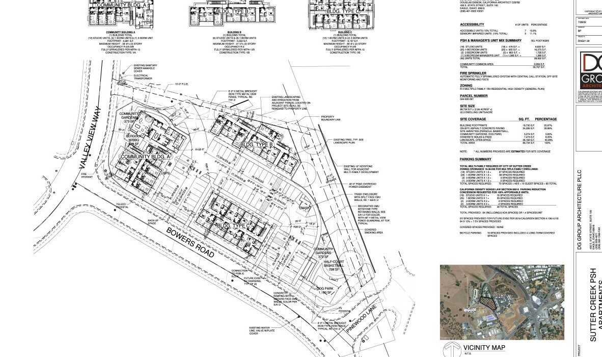 Blueprint layout of Sutter Creek Bash Apartments showing detailed floor plans, site details, and a vicinity map. Annotations include measurements and specifications. DG Groups logo is visible in the top corner.
