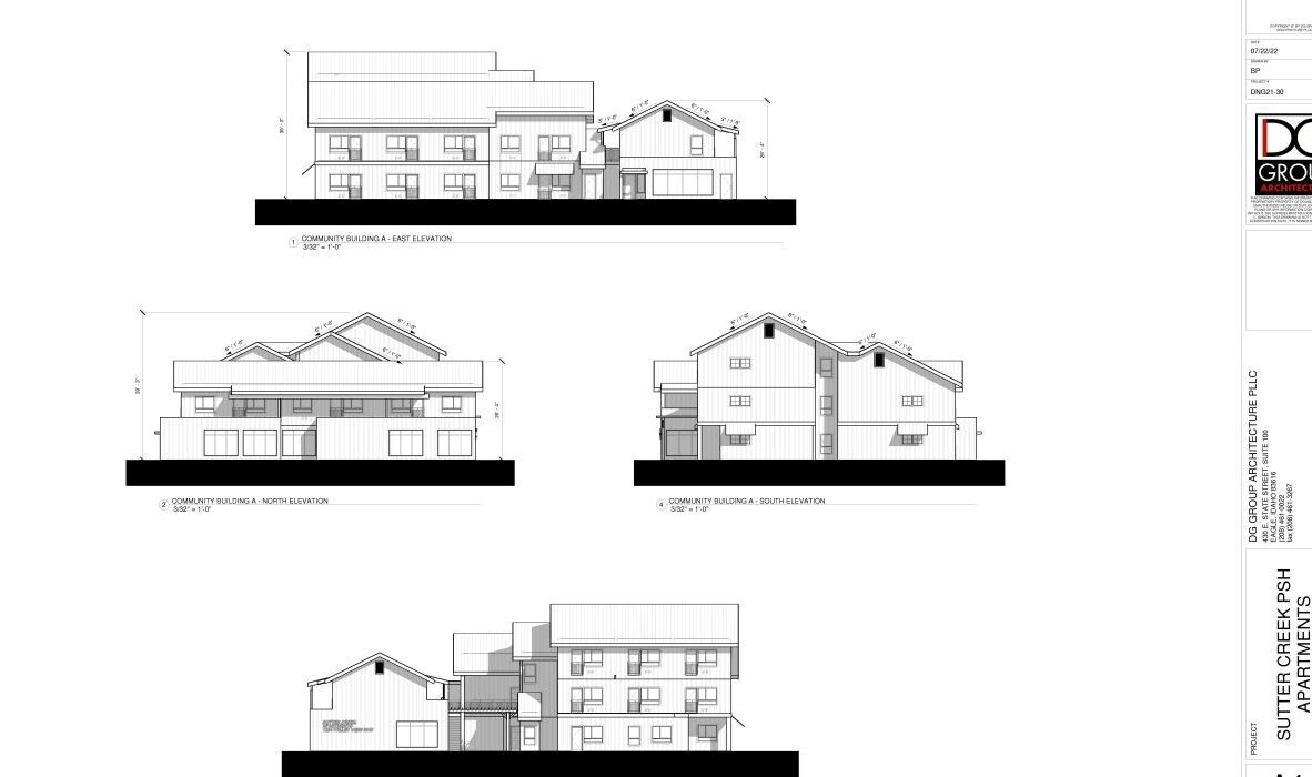 Architectural blueprint showing four side views of a building design. Each view highlights different perspectives and dimensions. The design includes a modern, multi-story structure with various geometric elements.