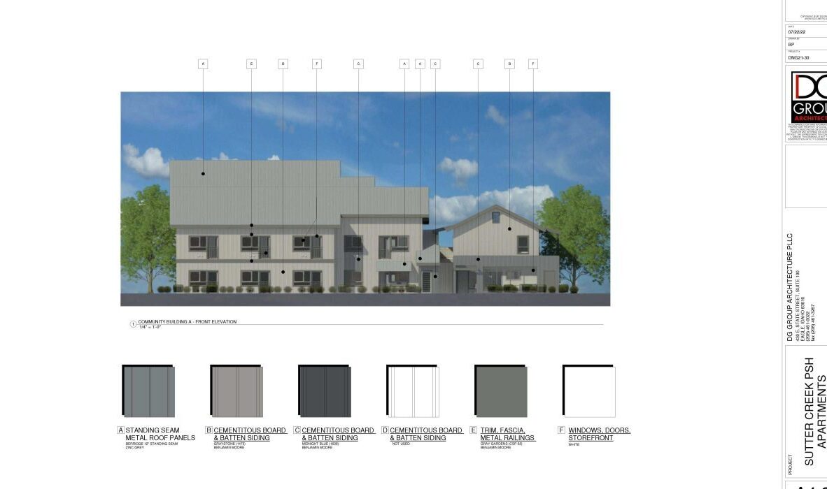 Architectural rendering of a multi-unit residential building with a modern design, featuring multiple levels and a sloped roof. The exterior has various shades of gray and includes trees on either side. Material swatches are displayed at the bottom.