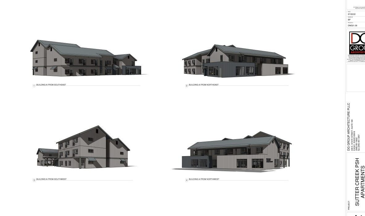 Four architectural renderings of a multi-story building with a gabled roof are shown from different angles. The structure features large windows and light-colored walls with dark trim.