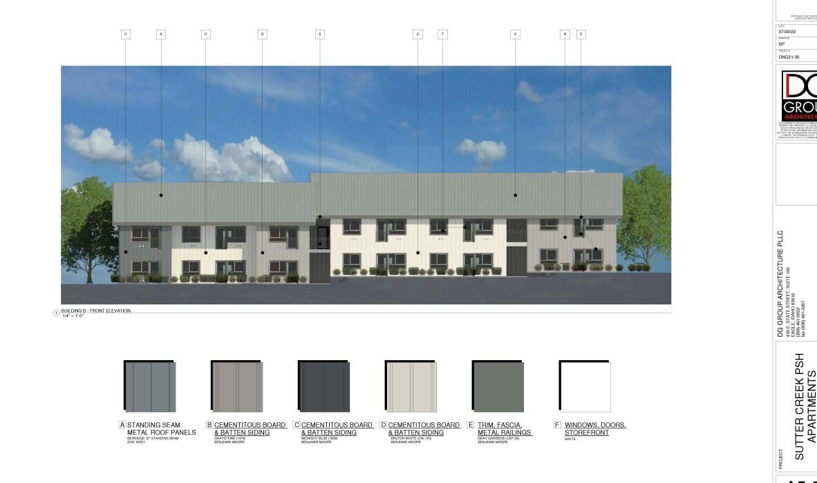 Architectural rendering of a row of townhouses under a blue sky with clouds. Color swatches at the bottom display shades for siding, roofing, trim, and doors. Two trees frame the buildings on either side.