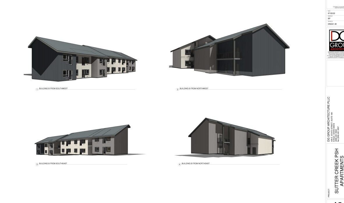 Renderings of apartment buildings showcasing different angles. Two buildings are depicted: one with a gabled roof and multiple units, and another with a modern design featuring large windows. Both are labeled with directional perspectives.