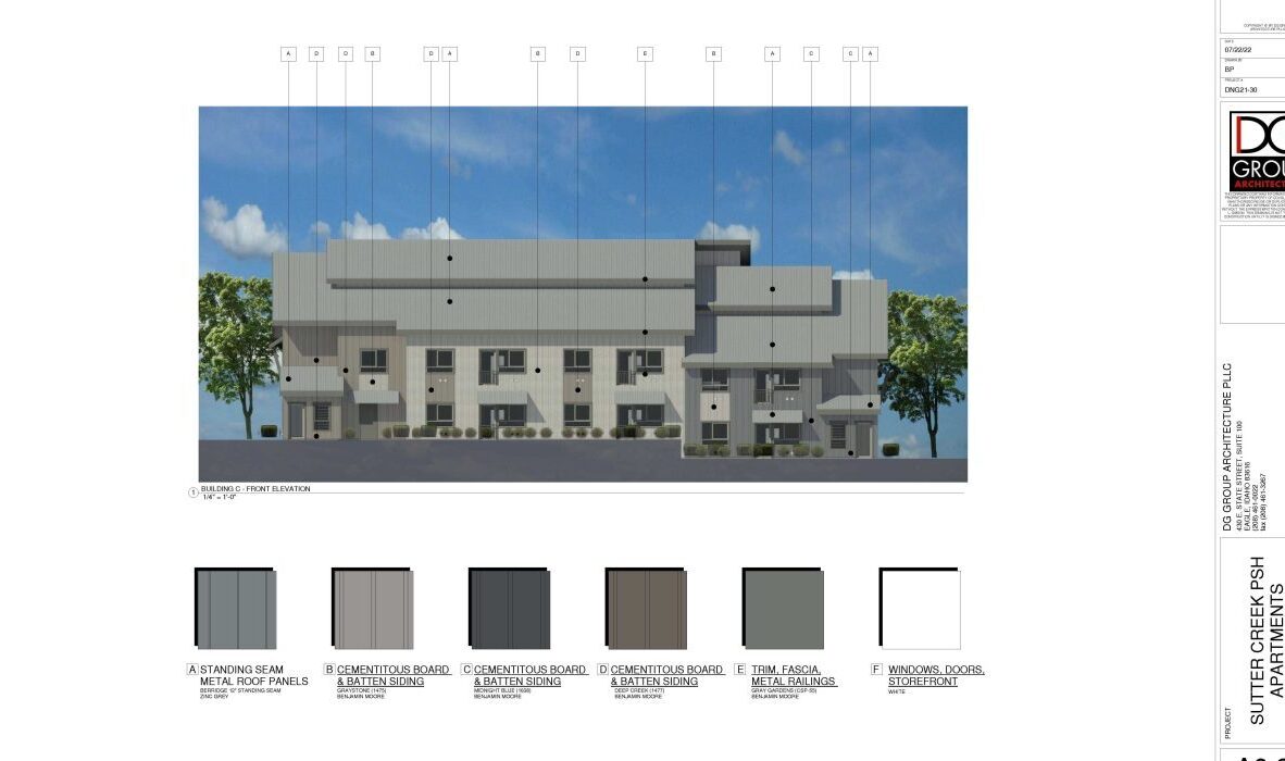 A detailed architectural drawing of a multi-story building facade is displayed. Various gray and neutral color samples for siding and roofing are shown at the bottom, with labels indicating different materials.
