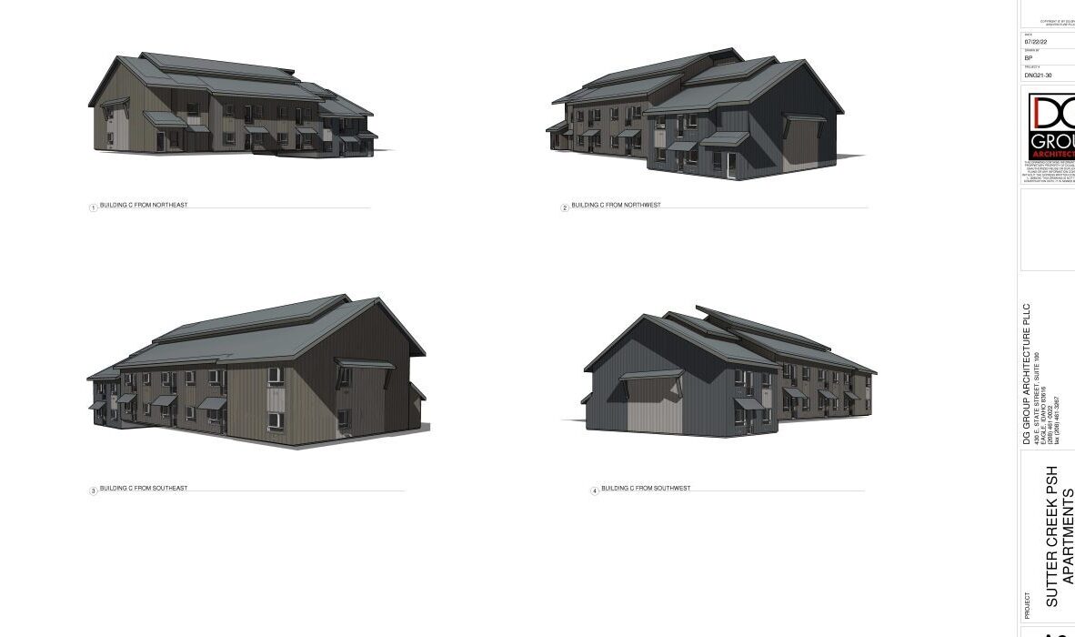 Four architectural renderings of a multi-unit residential building, displayed from different angles. The design features a modern, sloped roof and multiple windows. DG Group logo and text visible on the right side.