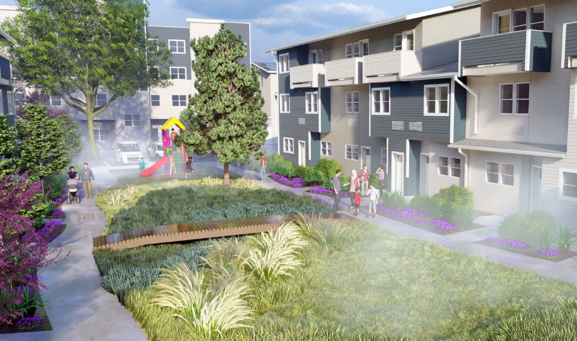 A modern apartment complex courtyard features a playground with slides, surrounded by lush greenery and flowering plants. People walk along the pathways, and a small wooden bridge crosses over landscaped grass.