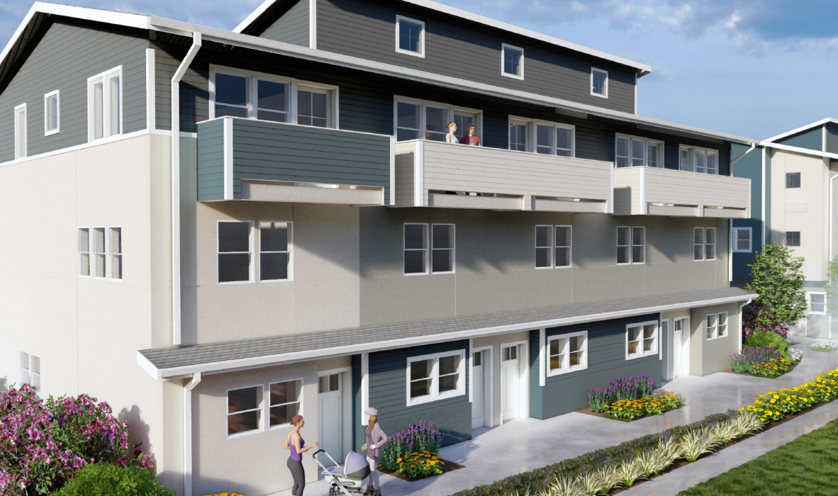 A modern, three-story apartment building with balconies. People are walking on a path in front of the building, one person pushing a stroller. Vibrant flowers and greenery line the walkway. The sky above is partly cloudy.