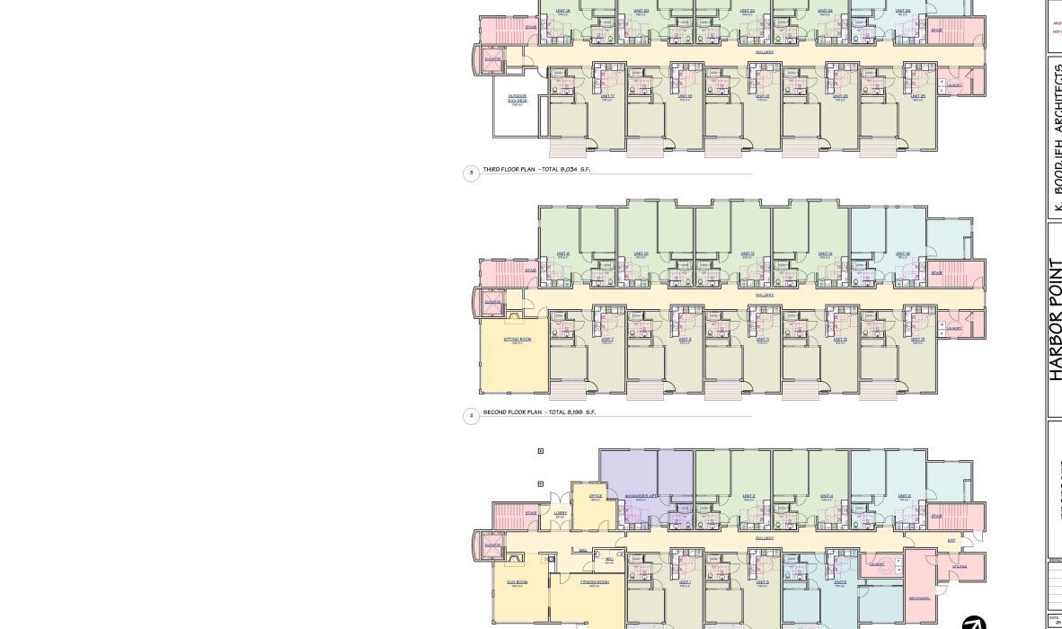 Blueprint of a buildings floor plan showing three levels, each with multiple rooms labeled with dimensions. The layout includes elevators and staircases. Rooms are colored differently, indicating various zones or sections.