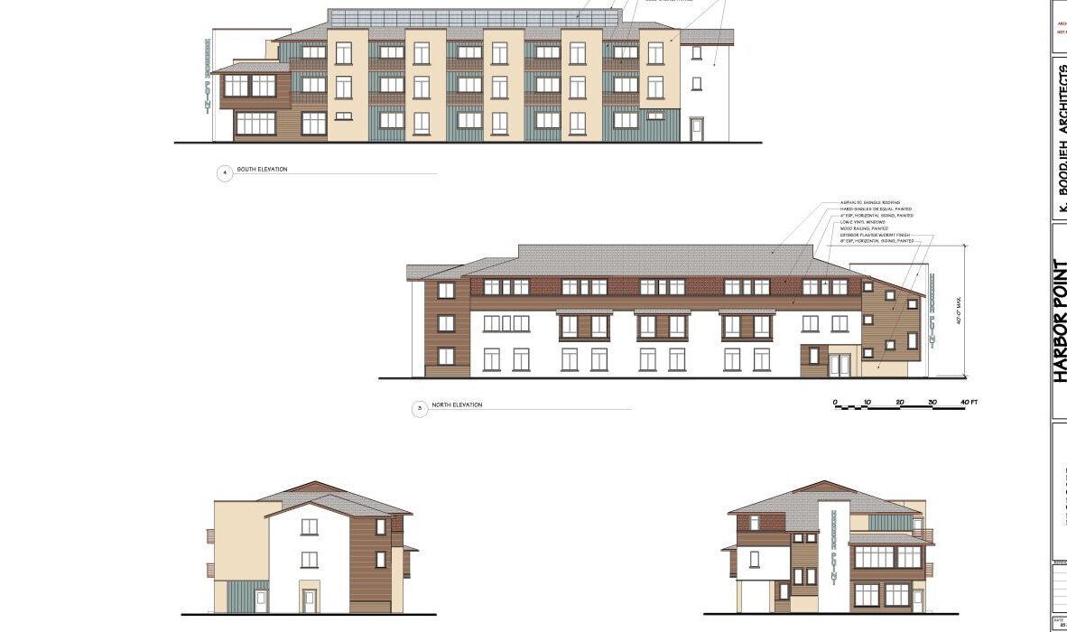 Architectural blueprint of a multi-story building. Features detailed elevation views from north, west, and south, showcasing various angles and design elements, including windows and rooftops.