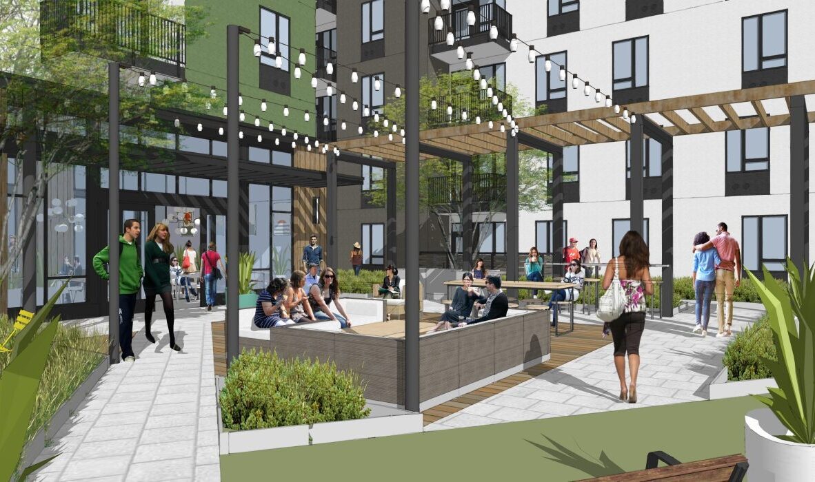 A lively courtyard features people socializing around seating areas under string lights. Greenery and modern architecture surround the space, creating a welcoming atmosphere.